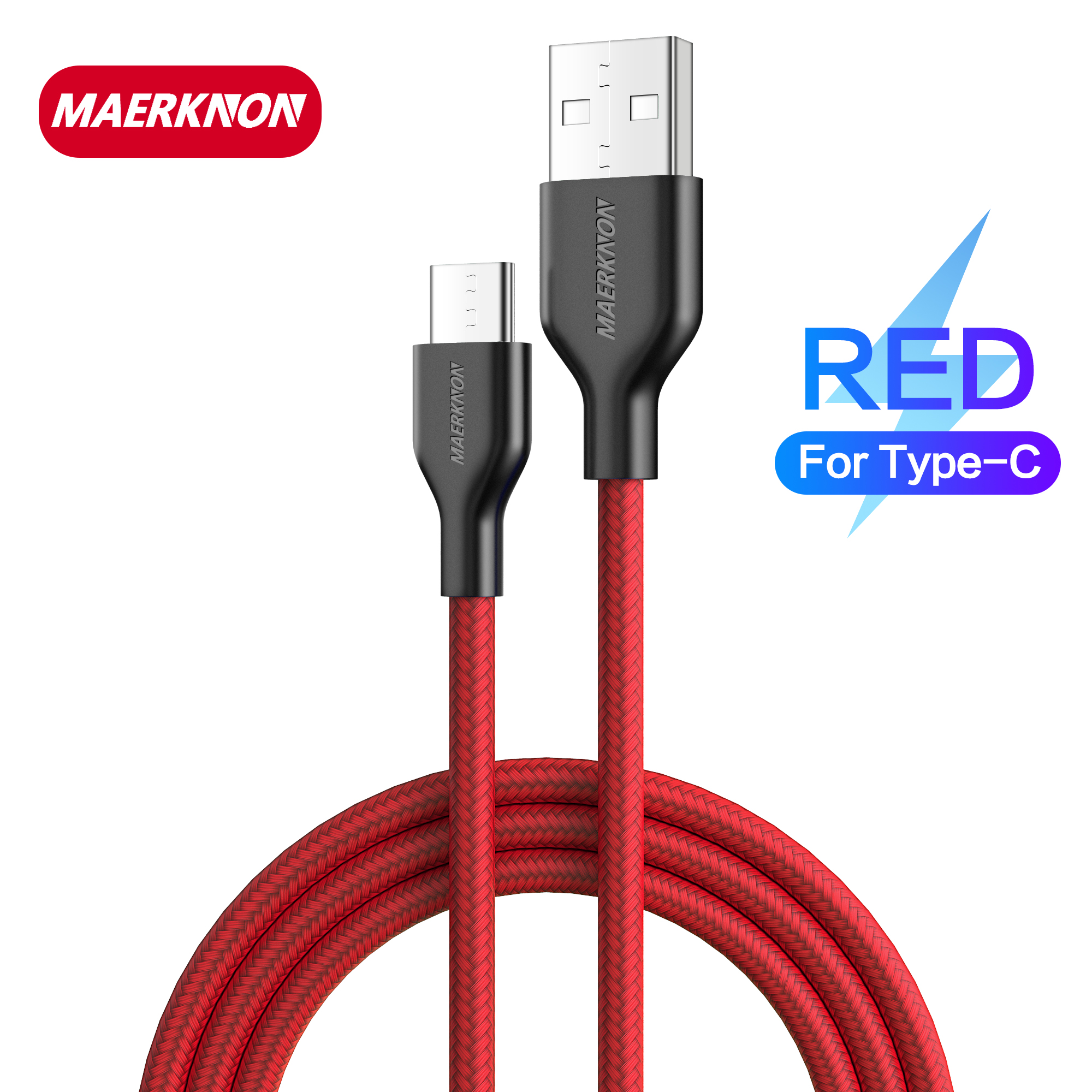 Maerknon – câble USB Type C QC 3.0 3A, charge rapide, transfert de données, compatible avec Xiaomi, Samsung, Oneplus, Huawei: Red / 0.5m