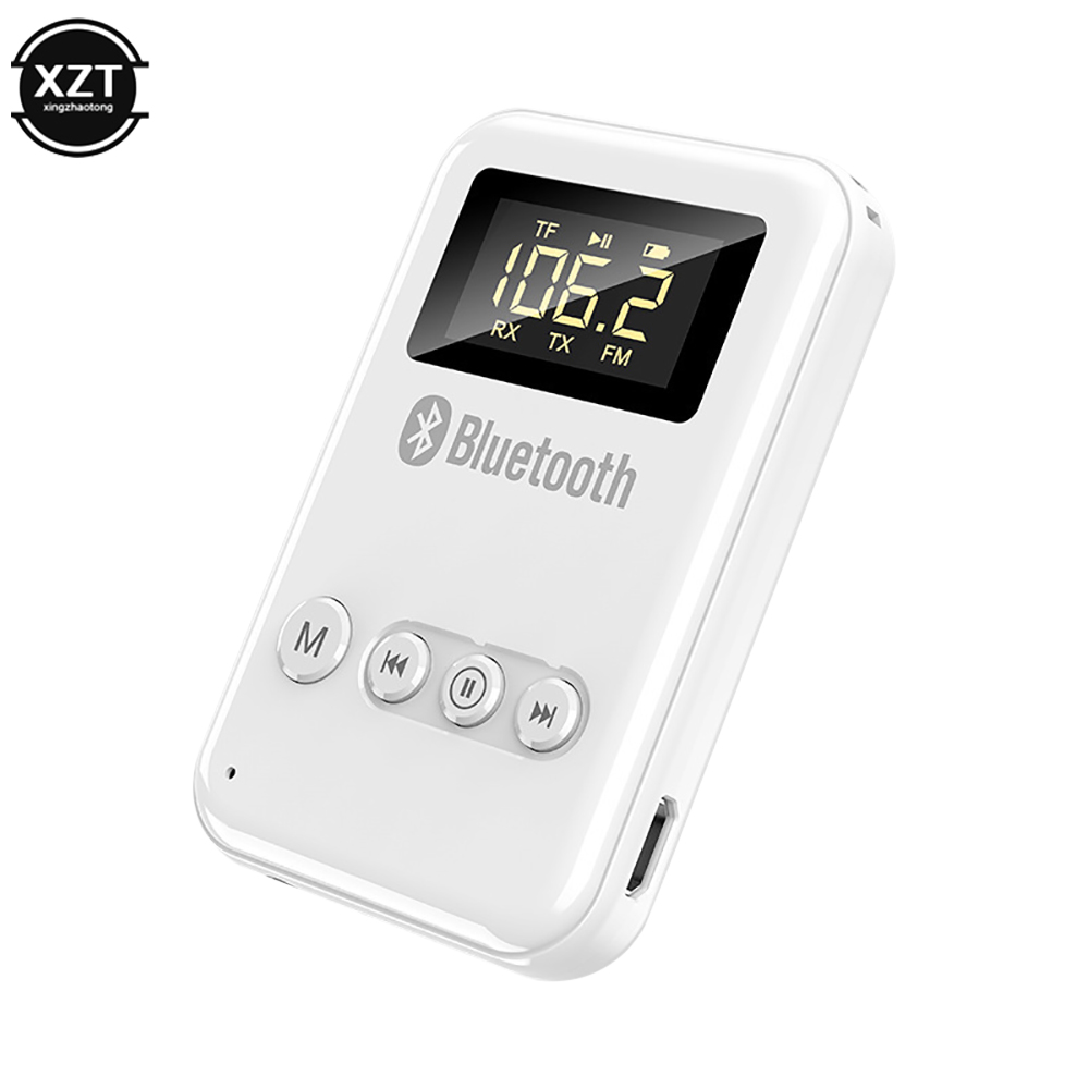 Transmisor y receptor con Bluetooth 5,0, adaptador inalámbrico LCD, conector de 3,5mm, AUX, FM, Kit de manos libres, micrófono de llamada para PC, TV y altavoz: Blanco