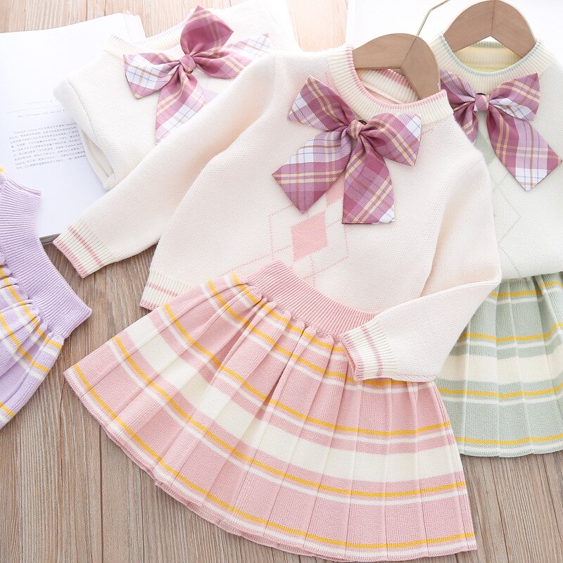 Falda corta a cuadros con lazo para niñas, ropa de invierno para niños pequeños, suéteres de invierno, suéter para niños pequeños, ropa de otoño, 2022