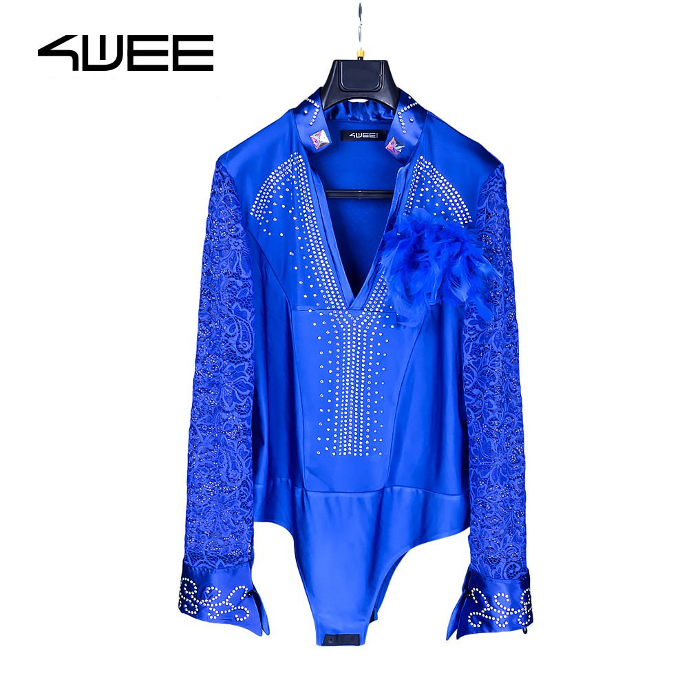 Ballroom Latin Dance Shirts Male Black Long Sleeve Lace V Collar Shirt Men Samba Cha Cha Dancing Tops Performance Wear: Blue / L