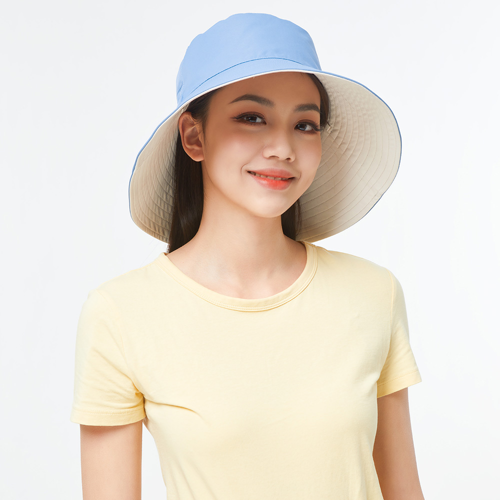 OhSunny Double-Sided Wearing Cap Solid Color Anti UV Sunscreen Bucket Hats For Women Summer Foldable Large Brim Fisherman Hat: Blue Beige