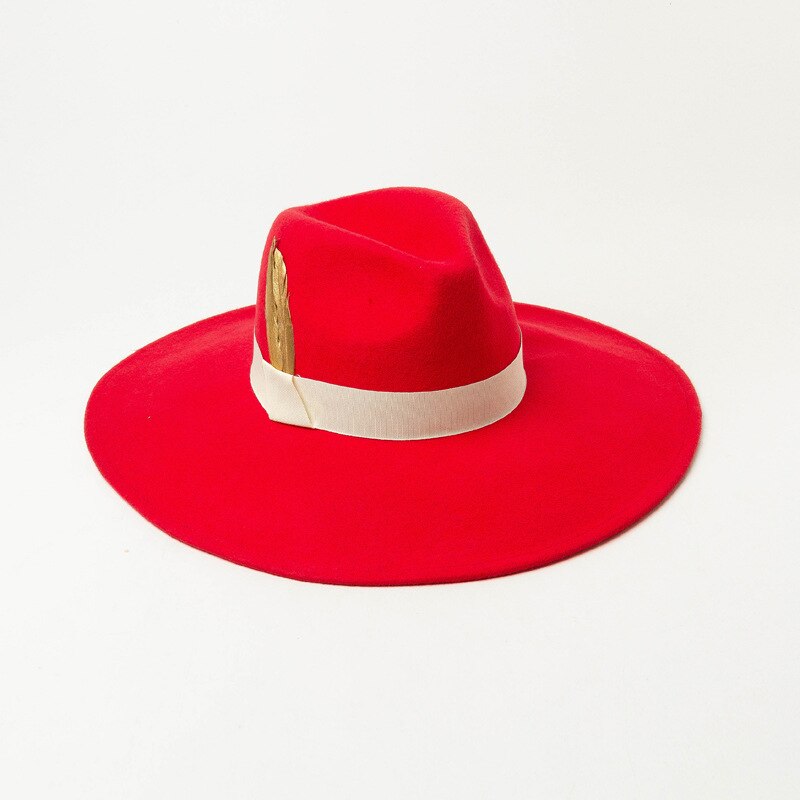 100%  uld bred randen fedora hat kvindelig klassisk stil fjer band jazz hat varm vinter hat damer sombrero mujer bryllup hatte: Rød