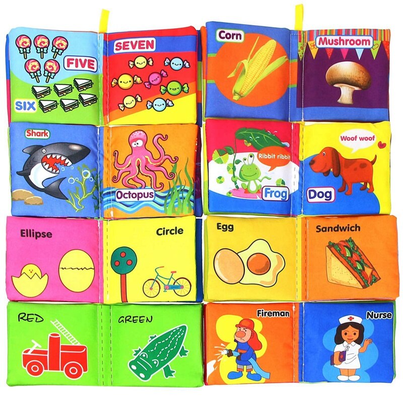 8x Baby Eerste Niet Giftig Zachte Doek Boek Set Crinkle, multicolor & 1x Baby Bal Kleurrijke Zintuiglijke Bal Speelgoed Zachte Ring Bell