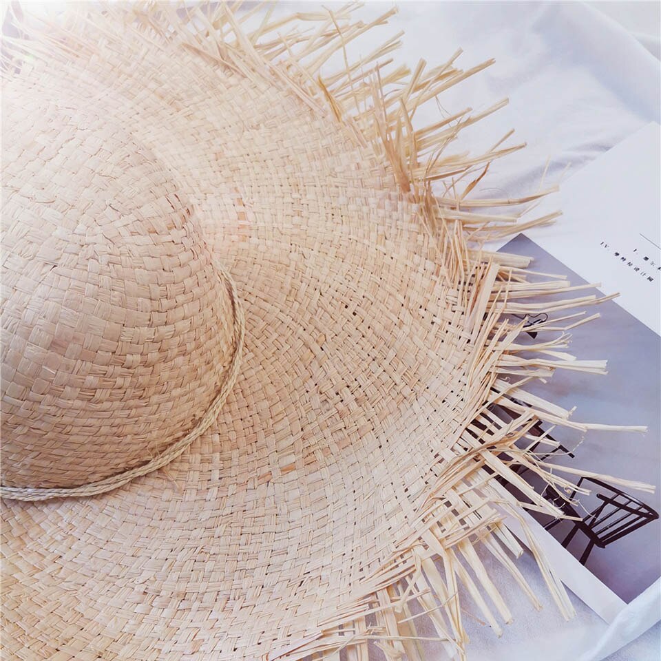 Summer  Handmade Women Straw Sun Hats Large Wide Brim Gilrs Natural Raffia Panama Beach Straw Sun Caps For