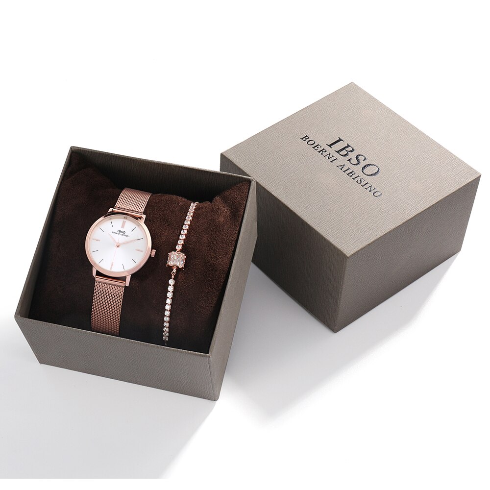 IBSO – ensemble de montres Ultra fines pour femmes, 8mm, maille or Rose, bracelet en acier inoxydable, à Quartz, horloge, pour dames: 3630 set 1