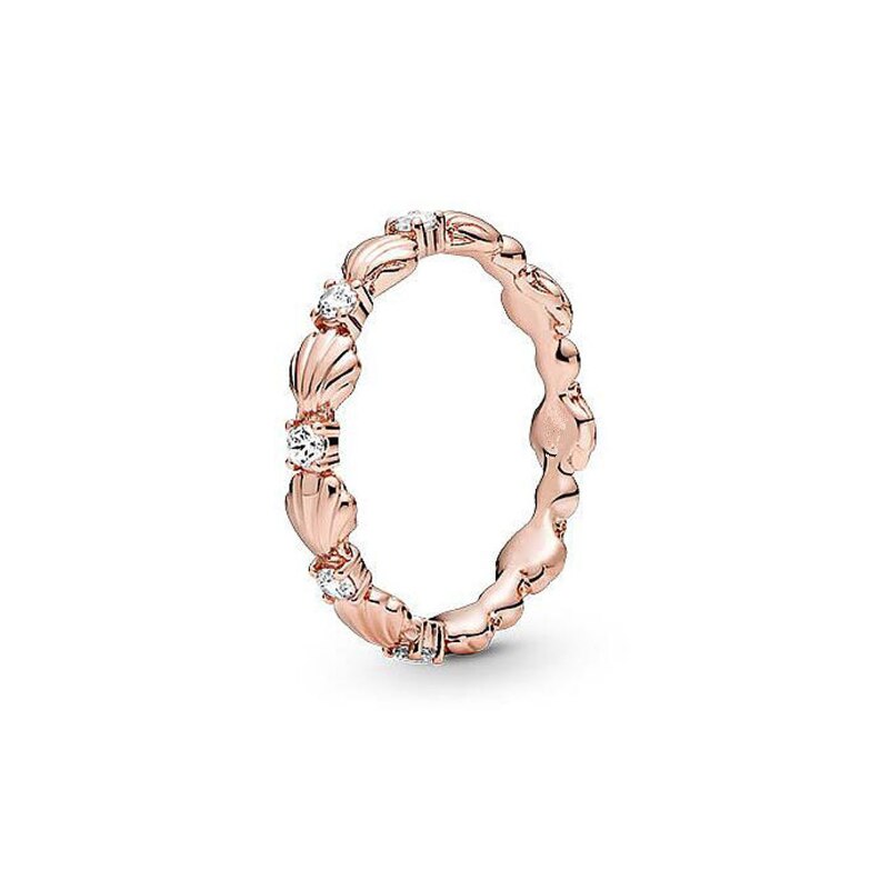 Authentic 925 Sterling Silver Rings Rosegold Crystal Shell Round Ring For Women European Original Fine Jewelry: Rosegold / 58cm