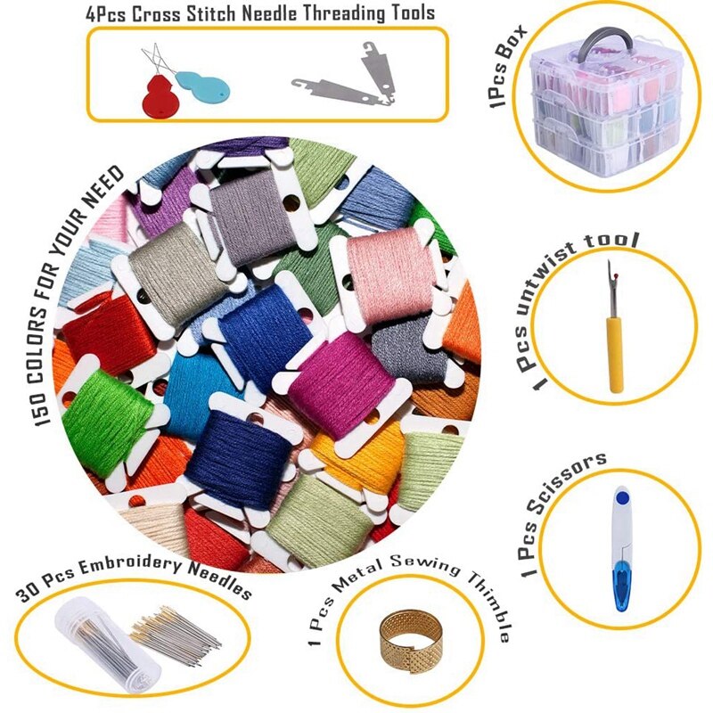 Embroidery Floss Set, 150 Colors Cross Stitch Friendship Bracelets Thread with Floss Bins and 37 Pcs Cross Stitch Tool