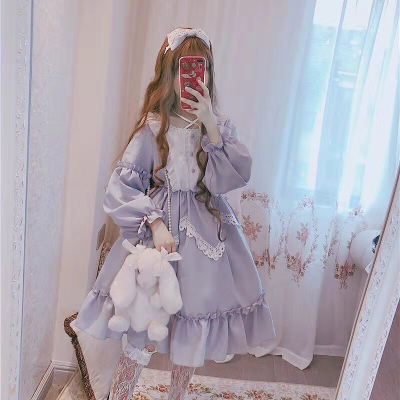 Sukienka Lolita dla kobiet Kawaii dla dziewcząt pałac Bow-knot Stiching styl japoński Vestidos szlachetny słodki Gothic szata na imprezę renesansowy: Color6Dress / M(Weight 30-55kg)