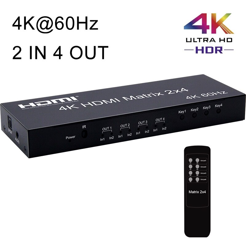 4K@60Hz HDMI Matrix 2x4 Matrix HDMI Switch 2 In 4 Out HDMI Splitter Switcher Audio Extractor PC To 4 TV Screen Monitor Display