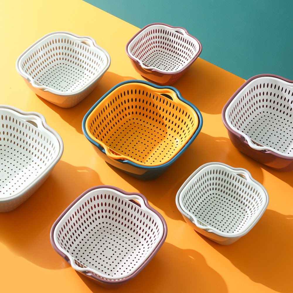 6 Stuk Dubbele Laag Afvoer Mand Plastic Groente Wasmand Wastafel Huishouden Keuken Wassen Box Wassen fruit Blauw