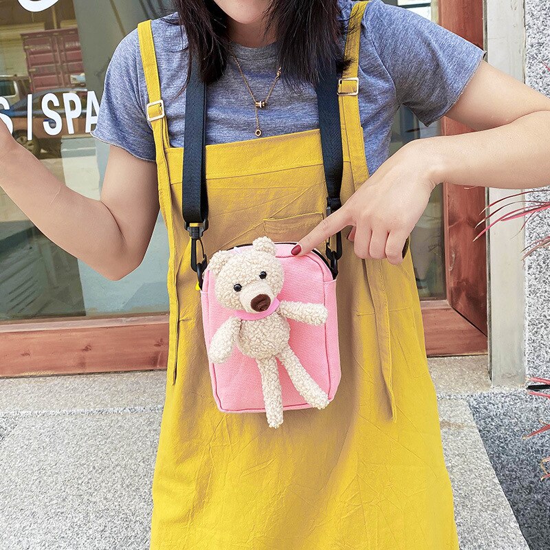 Hair bear canvas bag female trendy cute student chest bag ins shoulder bag messenger waist bag