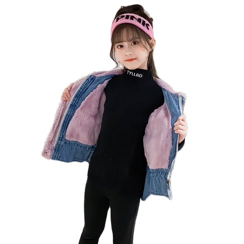 Winter Children's Denim Jackets Teenage Girls Boutique Clothes Velvet Hooded Jean Trench Coat Teen Casual Outerwear Windbreakers