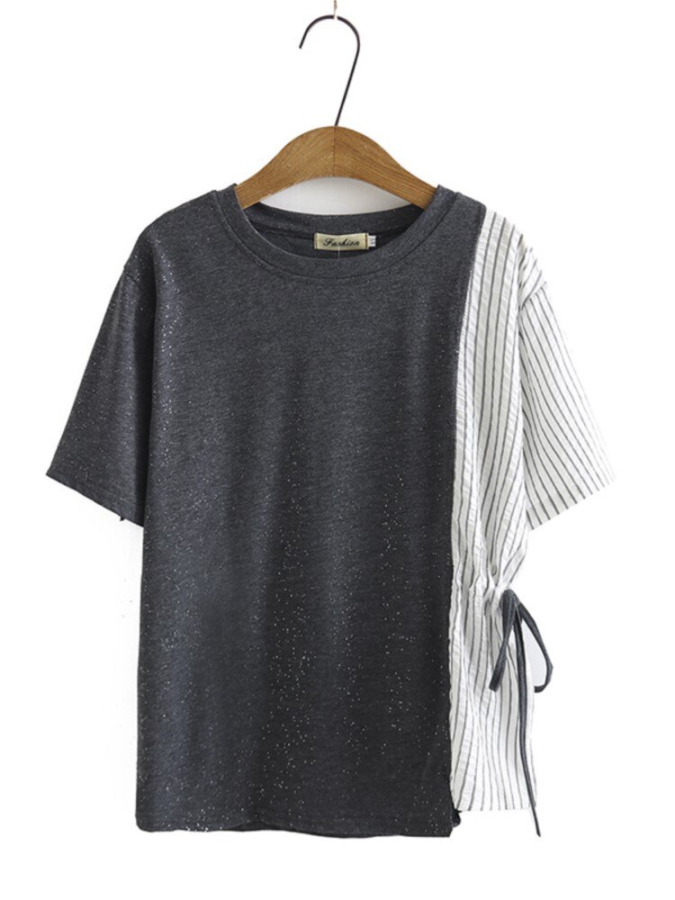 Plus Size Tops Vrouwen Kleding Femme T-shirt Gesplitst Gestreepte Trekkoord Zomer Korte Casual Korte Mouw Heldere Zijde Tees: GRAY / Xl