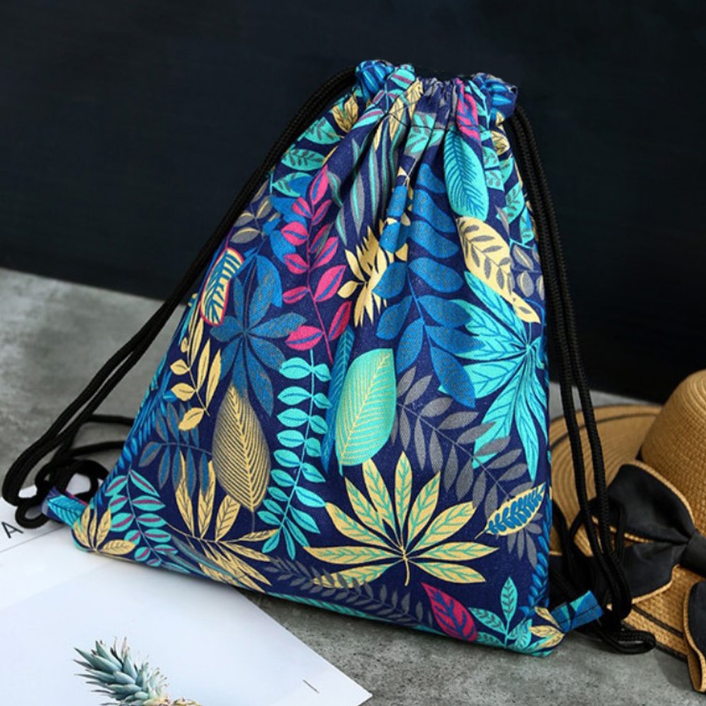 Women Shoes Outdoor Lightweight Portable Travel Floral Print Shoulder Multi Use Drawstring Bag Canvas Pouch Storage Backpack