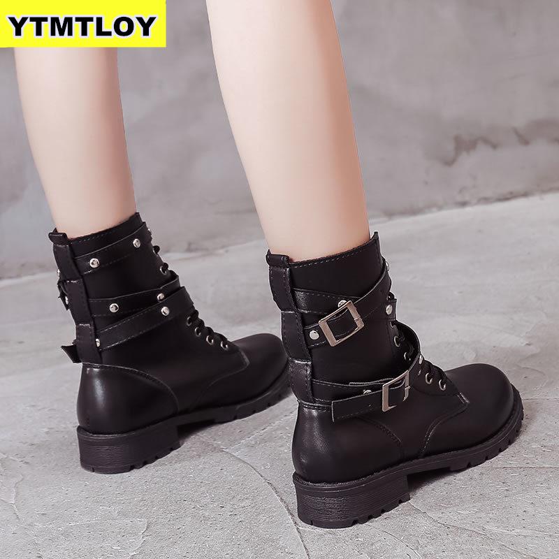 botas de tobillo de de invierno de cuero Pu para mujer zapatos de trabajo de punta redonda de encaje negro para mujer botas de encaje negro Botas femenina