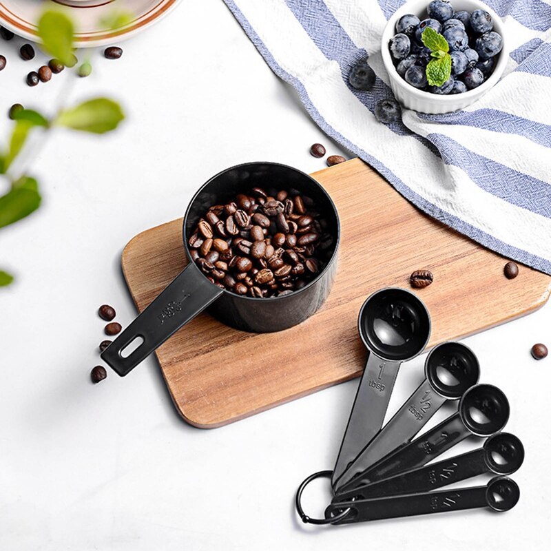 5pcs Plastic Kitchen Measuring Cups and Measuring Spoons Set Black PP Measure Cup Spoon Kit Home Baking Measurement Tool