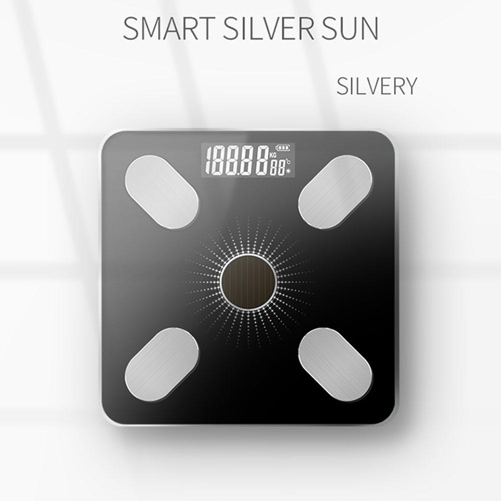 Báscula de peso electrónica inteligente Bluetooth con aplicación de carga Solar, báscula de grasa corporal compatible con Android o IOS: Silver light