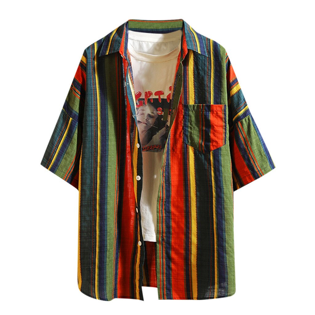 Blouse shirt heren zomer regenboog kleur zak korte mouw retro casual shirt off white harajuku top heren joggingkleding 6.19