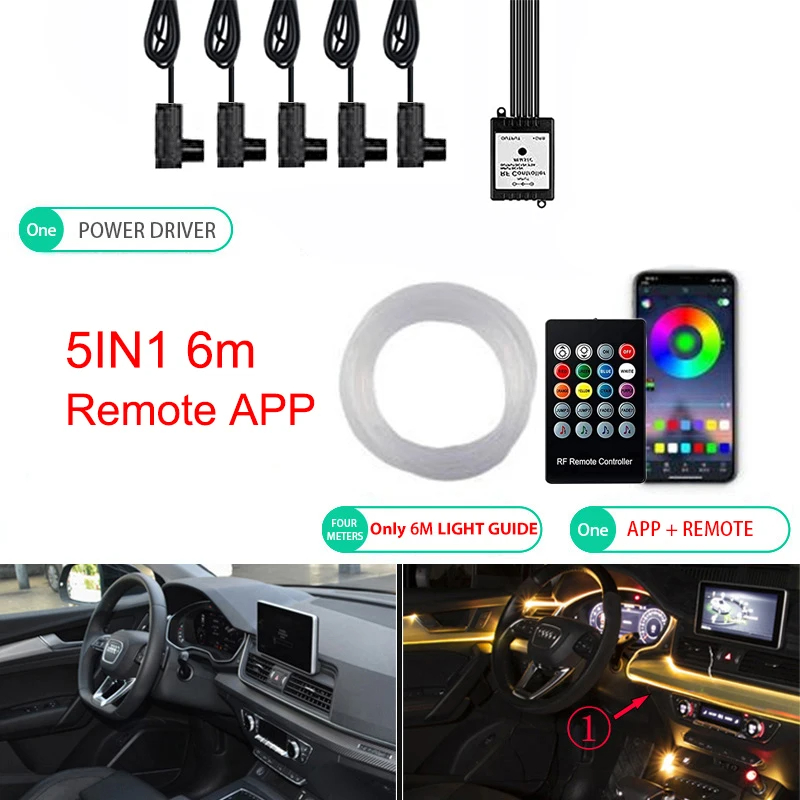 Iluminación LED ambiental de neón para coche, 6 en 1, 8m, RGB, tira de luz Interior de ambiente, Control por aplicación de fibra óptica, Lámpara decorativa LED automática