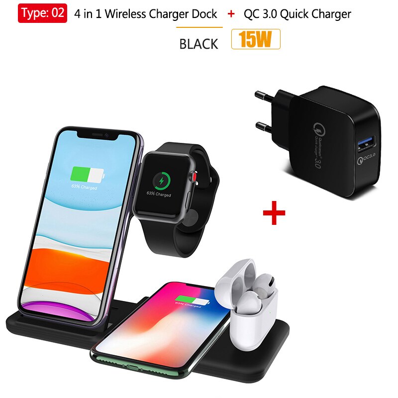 4in1 Qi Wireless Charge Station Foldable Base 15W Fast Wireless Charging for Samsung S20 S10 Huawei Apple iWatch 5 4 3 Airpods 2: T2 15W Black QC3.0