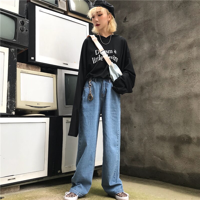 Lappster høy midje jeans bukser kvinner boyfriend jeans for kvinner harajuku denim harem bukser dame brede ben blå jeans bukser