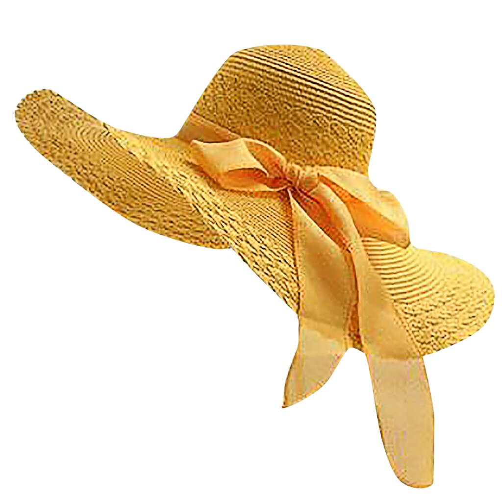 Sombreros de paja tejida para mujer, sombreros de ala ancha y flexible, sombrero de playa informal, Sombrero con lazo, gorras de Color liso para mujer: YELLOW