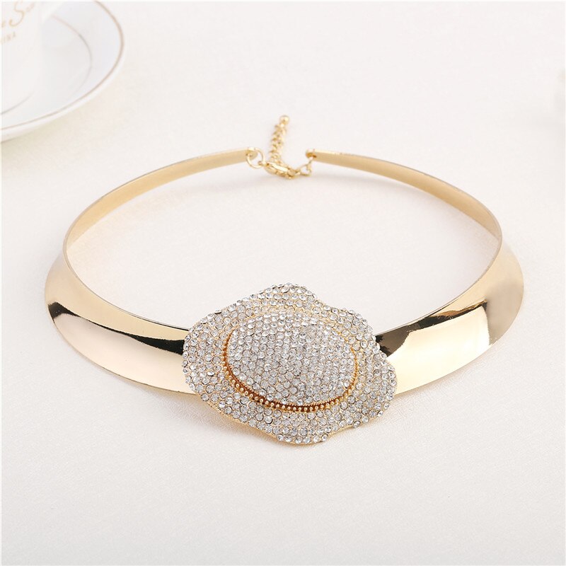 Luxe Rhinestone Inlay Bloem Chokers Ketting Vrouwen Champagne Gold Draaimomenten Kraag Grote Statement Kettingen Maxi Sieraden