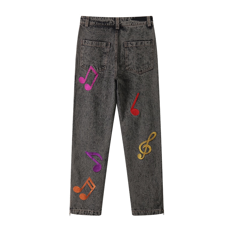 High Street Musical Note Letter Embroidery Mens Jeans Pants Oversize Washed Retro Side Zipper Baggy Casual Denim Trousers