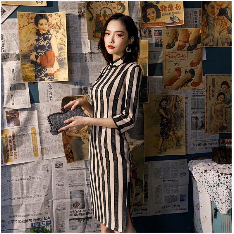 Sheng Coco-Vestidos chinos a rayas para mujer, vestido chino Retro a la con flecos de gamuza, manga Cheongsam hasta la rodilla, 1/2