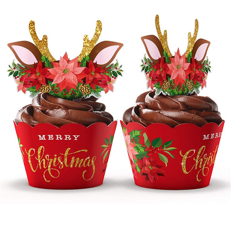24 sæt julehjortekageindretning cupcakeindpakninger og toppers til fest
