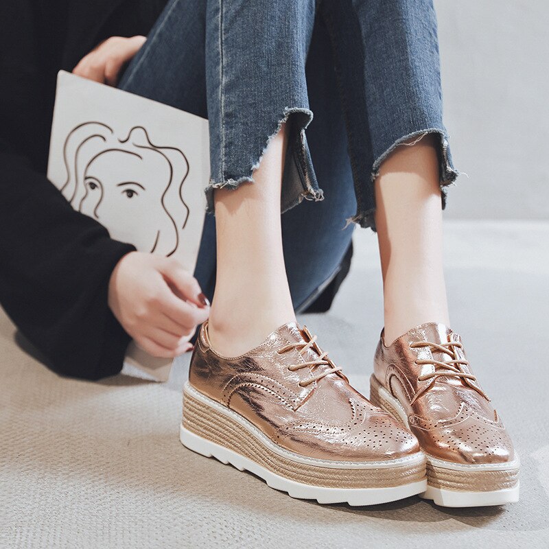 hollow out full brogues women gold/silver bright leather platform shoes square toe oxford flats women creepers espadrilles: Gold / 5