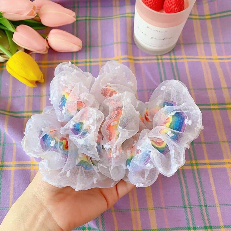 Elastic Mesh Scrunchie Rubber Band Girls Lace Rainbow Dot Ponytail Holder Hair Ring Rope Organza Hair Accessories