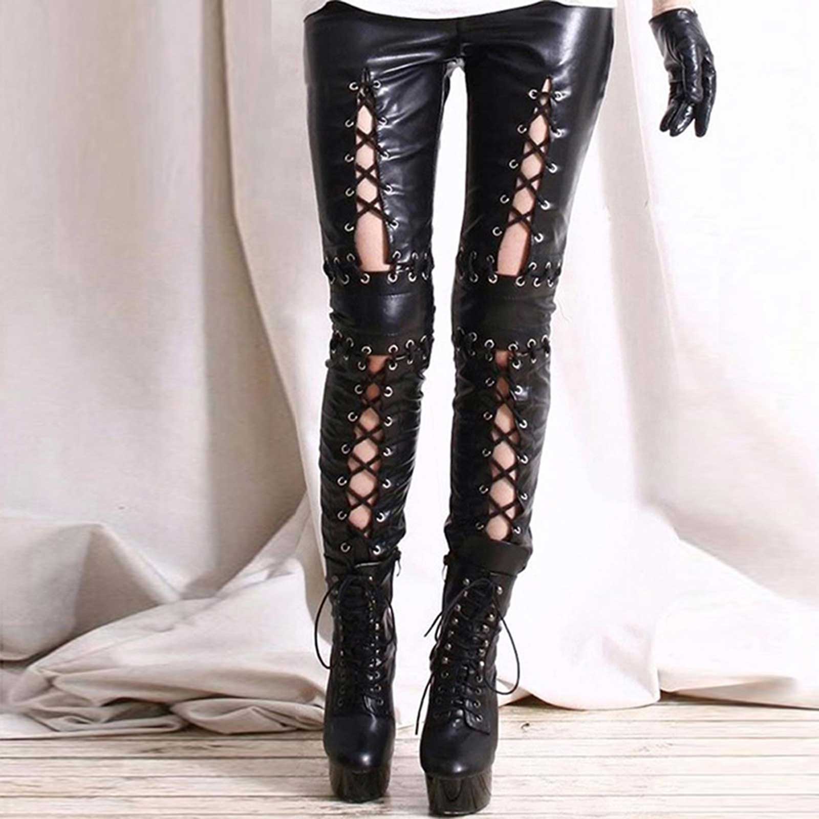 Femmes Punk Rock Faux cuir Leggings gothique évider à lacets crayon pantalon tenue de Club scène Performance pantalon