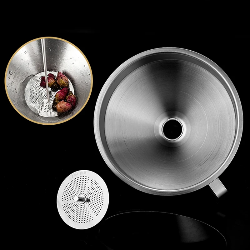 Embudo de cocina de acero inoxidable 304, embudo de aceite líquido con colador, filtro de aceite de alimentos de Metal pequeño para botellas, utensilios de cocina