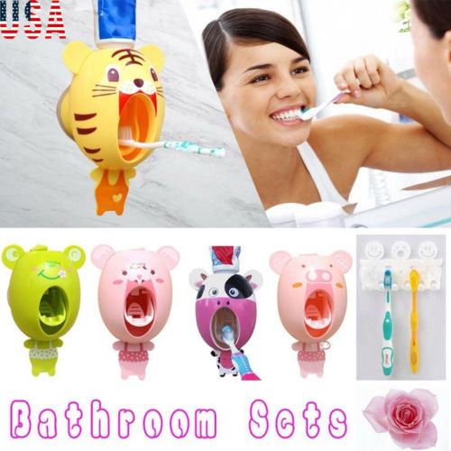 Cute Cartoon Plastic Automatic Toothpaste Dispenser Wall Mount Stand Bathroom