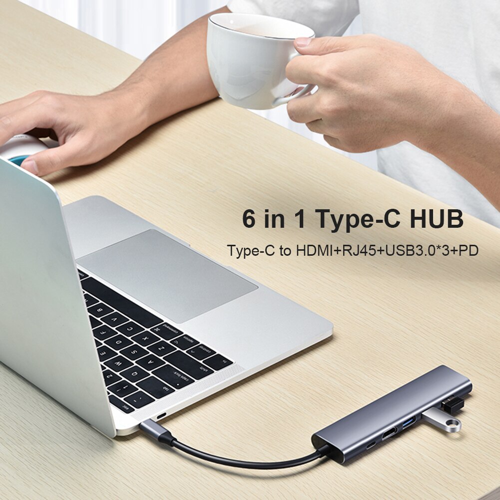 Convertidor de expansión de teléfono inteligente para Notebook, estación de acoplamiento 6 en 1, USB tipo C a 4K, HDMI, compatible con RJ45, 100M, LAN, Ethernet Hub