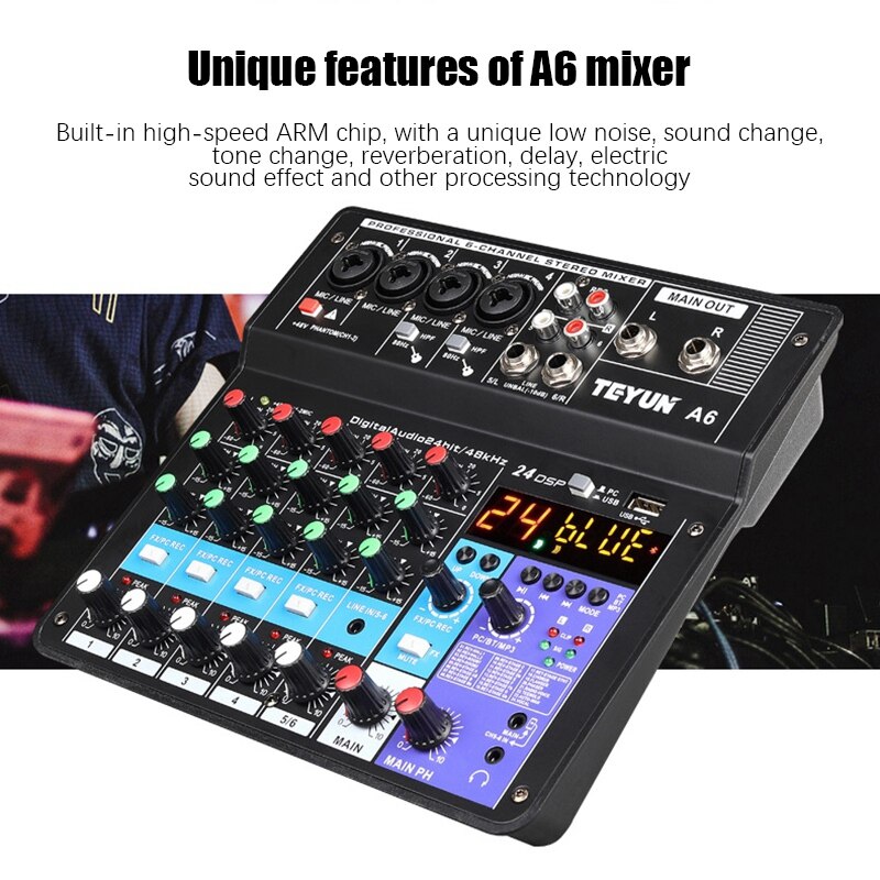 Professionele Geluidskaart 6-Kanaals Mixer Outdoor Conferentie Audio Usb Bluetooth Reverb Audio Voor Microfoon Live