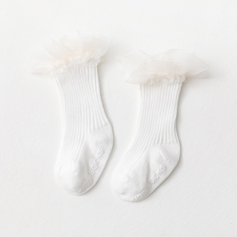 Newborn Baby Socks Infant Kids Knee High Ruffle Girls Sock Toddler Anti Slip Cotton Infant Long Frilly Lace Socks for 0-3Years: White / S for 0-1Years