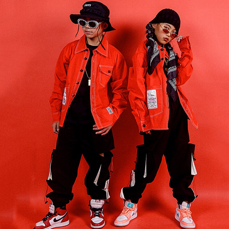 Hip Hop Kostüme Street Dance Set Jungen Red Shirt Mädchen Moderne Leistung Kleidung Jazz Cheerleader Bühne Rave Outfit Kid DN4624