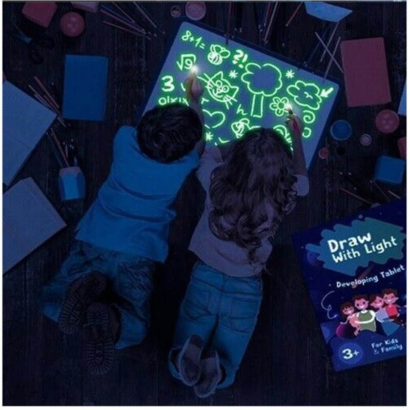 Tablero de dibujo luminoso mágico para niños, tableta de juguete para dibujar en la oscuridad con bolígrafo fluorescente, luz rusa, juguetes educativos para niños