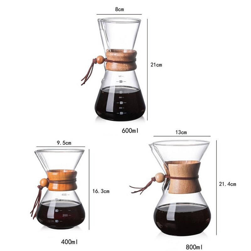 Cafetera de vidrio con filtro V60, cafetera percoladora de vidrio con mango de madera de borosilicato de 400ml 600ml 800ml