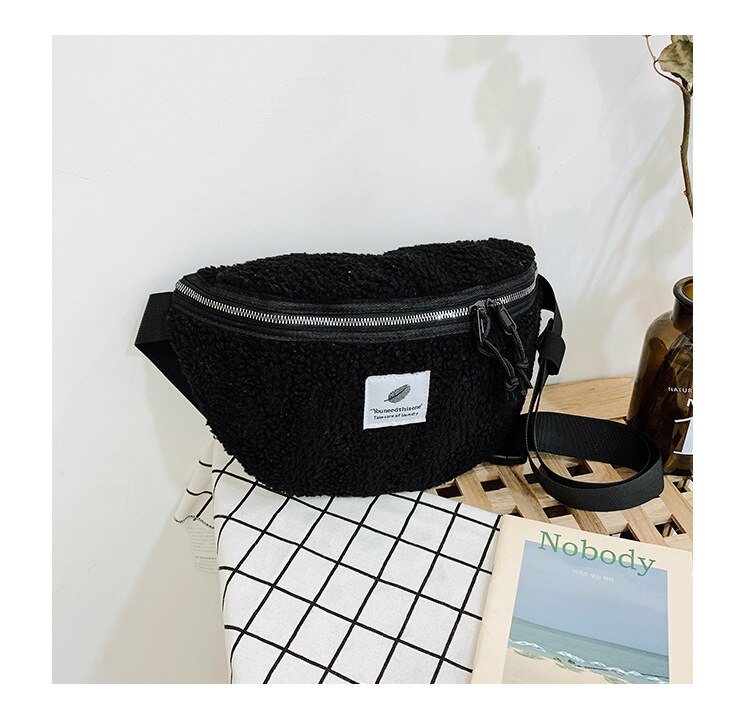 Skulder pakker kvinde taske stor plys vinter fanny pack crossbody tasker dame messenger taske blød varm pels talje taske: Sort