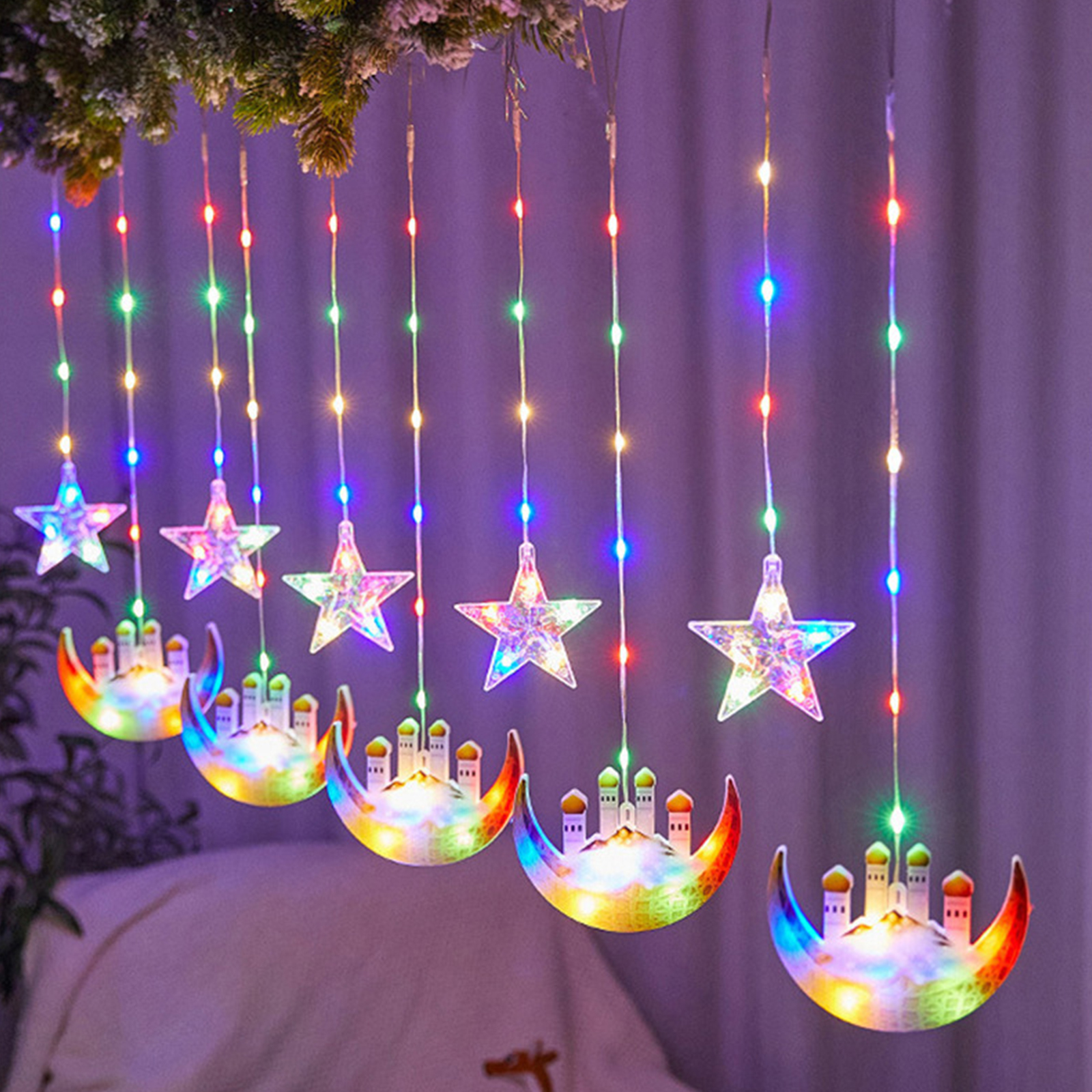 Cortina de estrellas LED de 4M, luz decorativa, castillo de Luna, cadena de luces, luz colorida, cadena de luces intermitentes llena de estrellas, decoración de habitación