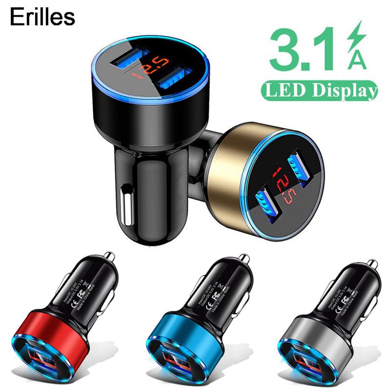 3.1A Dual Usb Car Charger Voor Samsung S10 S9 Xiaomi Met Led Display Universele Mobiele Telefoon Auto-Oplader Voor iphone Usb Charger