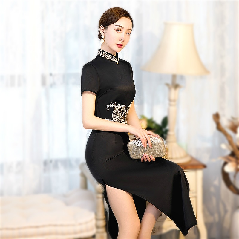 Sheng Coco Zwart Chinese Jurken Zijde Lange Cheongsam Vestidos Qipao Borduurwerk Kraal Sexy Black Party Dress