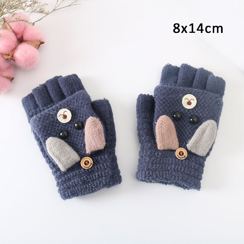 1 Paar Winter Warm Kids Jongens Meisjes Handschoenen Leuke Dier Patroon Breien Wol Mooie Half Vinger Handschoenen Voor Kinderen: Marineblauw