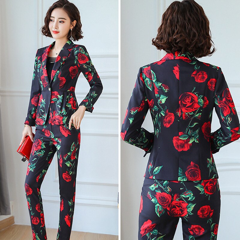 Flower Print Formal Suit Women Office Lady Blazer Set OL Blazers Jacket Uniform Long Sleeve Chinese Style Pants Suit B133