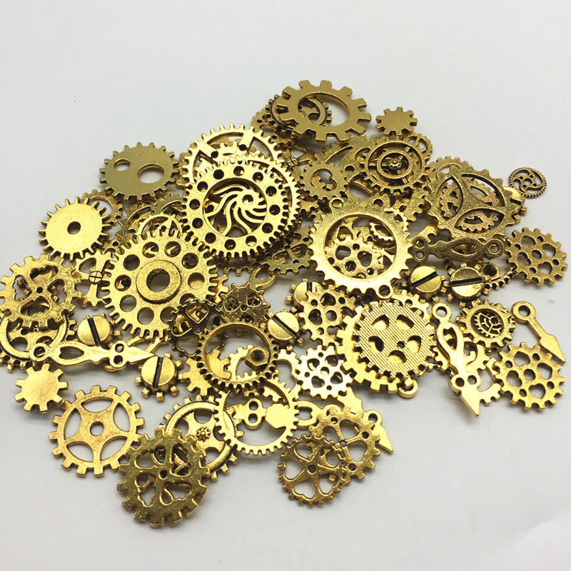 100g Metal Alloy Mixed Cogs Gears Steampunk Charms for Pendants Embellishments Antique Silver Golden and Rose Gold Color
