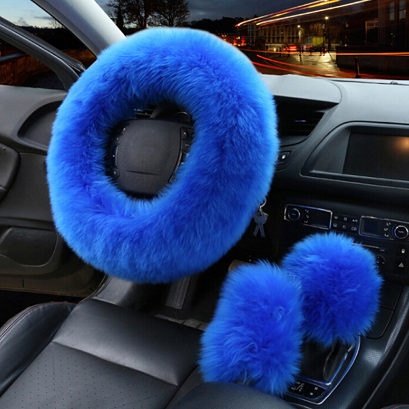 Bil lang plys varm rattæppe uld håndbremse universal 3 stk / sæt kunstig pels auto interiør ratdæksler: Safirblå