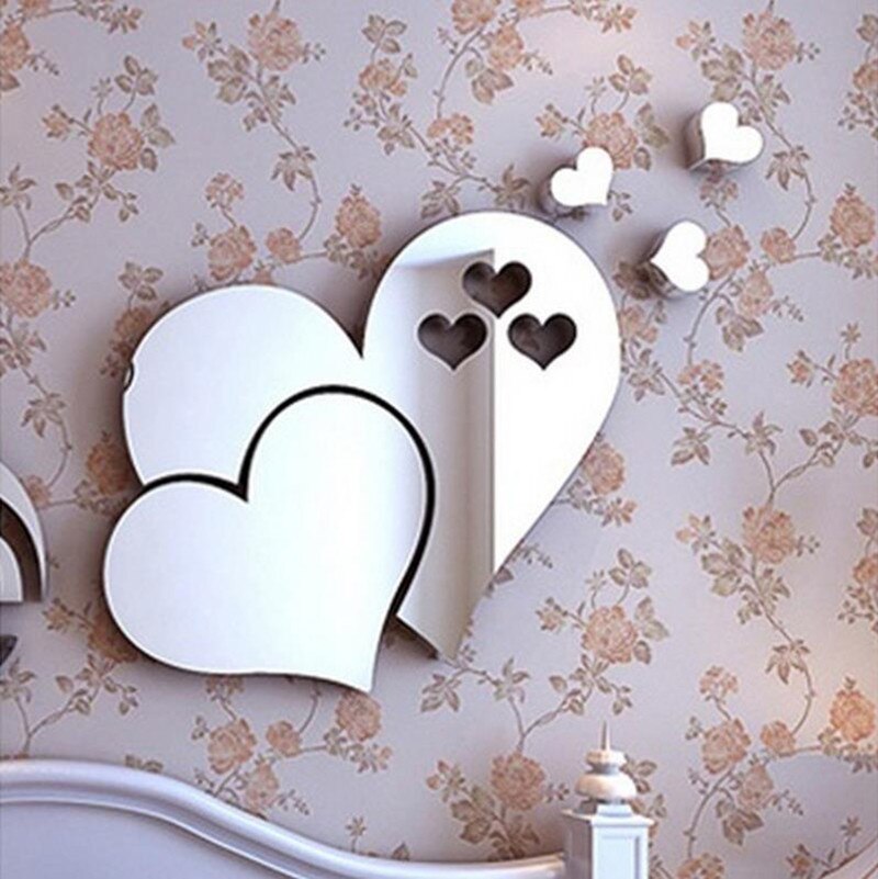 5 stk 3d spejl hjerte væg klistermærke diy hjem værelse værelse dekoration kærlighed mønster aftageligt værelse mærkat toilet bord klistermærker: Sølv